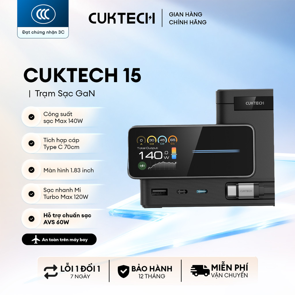 Trạm Sạc GaN CUKTECH 15 6in1 | AVS 60W | Công Suất Max 140W | Màn Hình 1.83 Inch | Bảo Hành 18 Tháng TA1406U