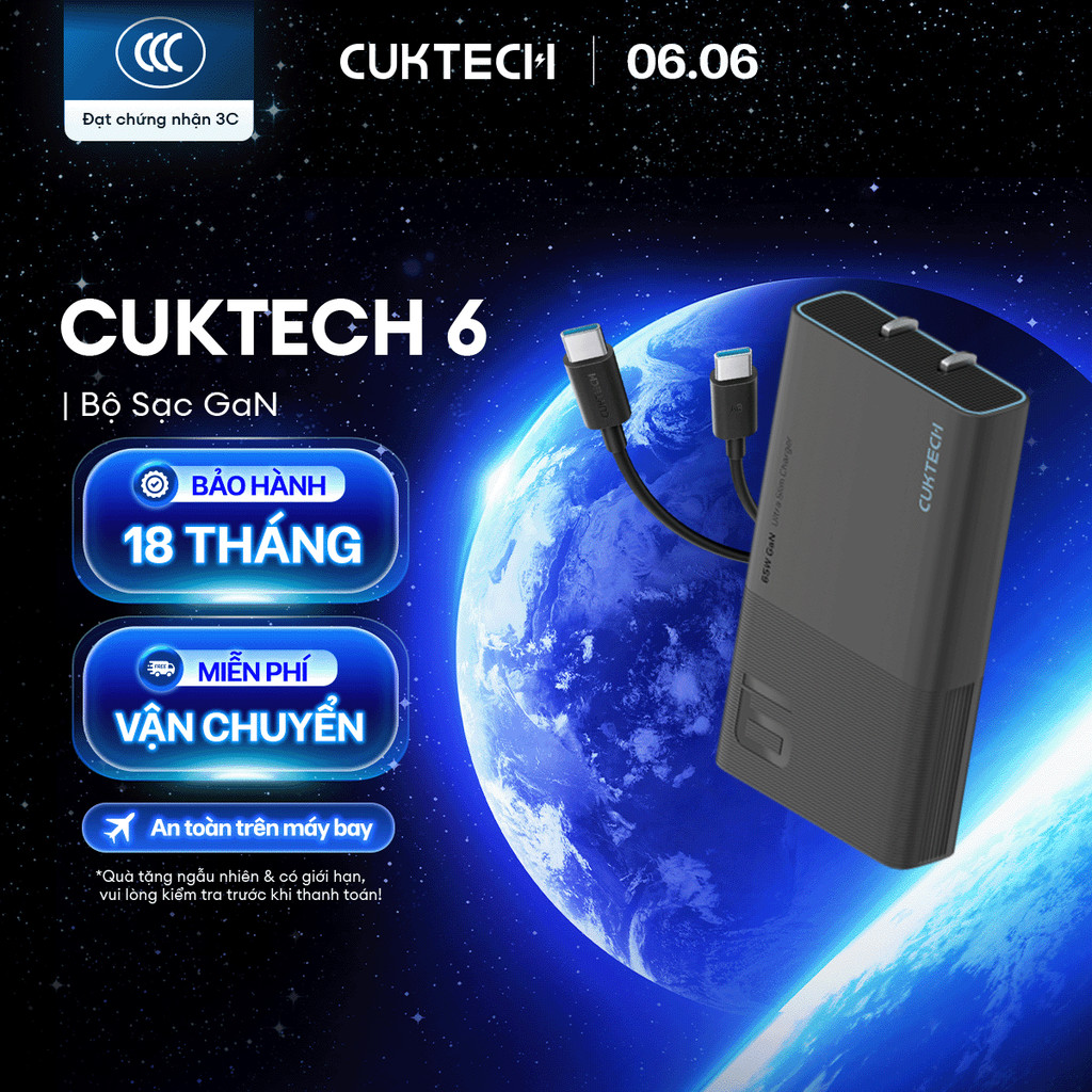 Củ Sạc GaN CUKTECH AD652S 2C | Cống Suất 65W Max | Hỗ Trợ Sạc Nhanh | Thiết Kế Siêu Mỏng | Bảo Hành 18 Tháng