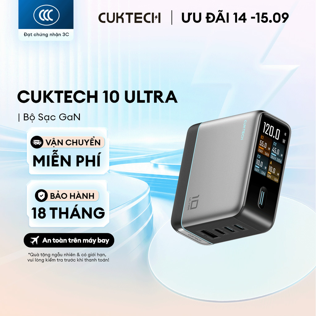 Củ Sạc GaN CUKTECH 10 ULTRA 3C1A | Công Suất 120W | Hỗ Trợ Sạc Nhanh | Bảo Hành 18 Tháng AD1204U