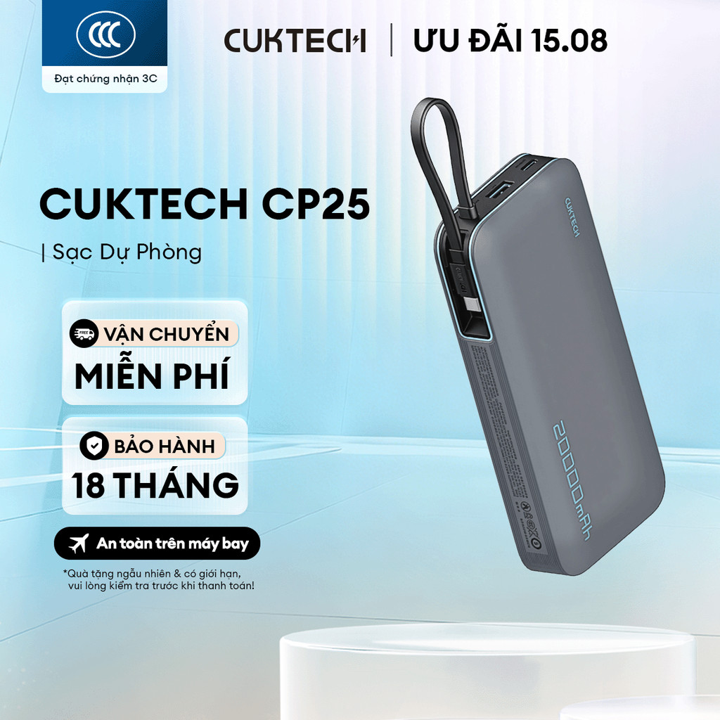 CUKTECH CP25 Sạc Di Động 2C1A Kèm Cáp | Sạc Nhanh 55W Max | Dung Lượng 20.000mAh | Bảo Hành 18 Tháng PB200N