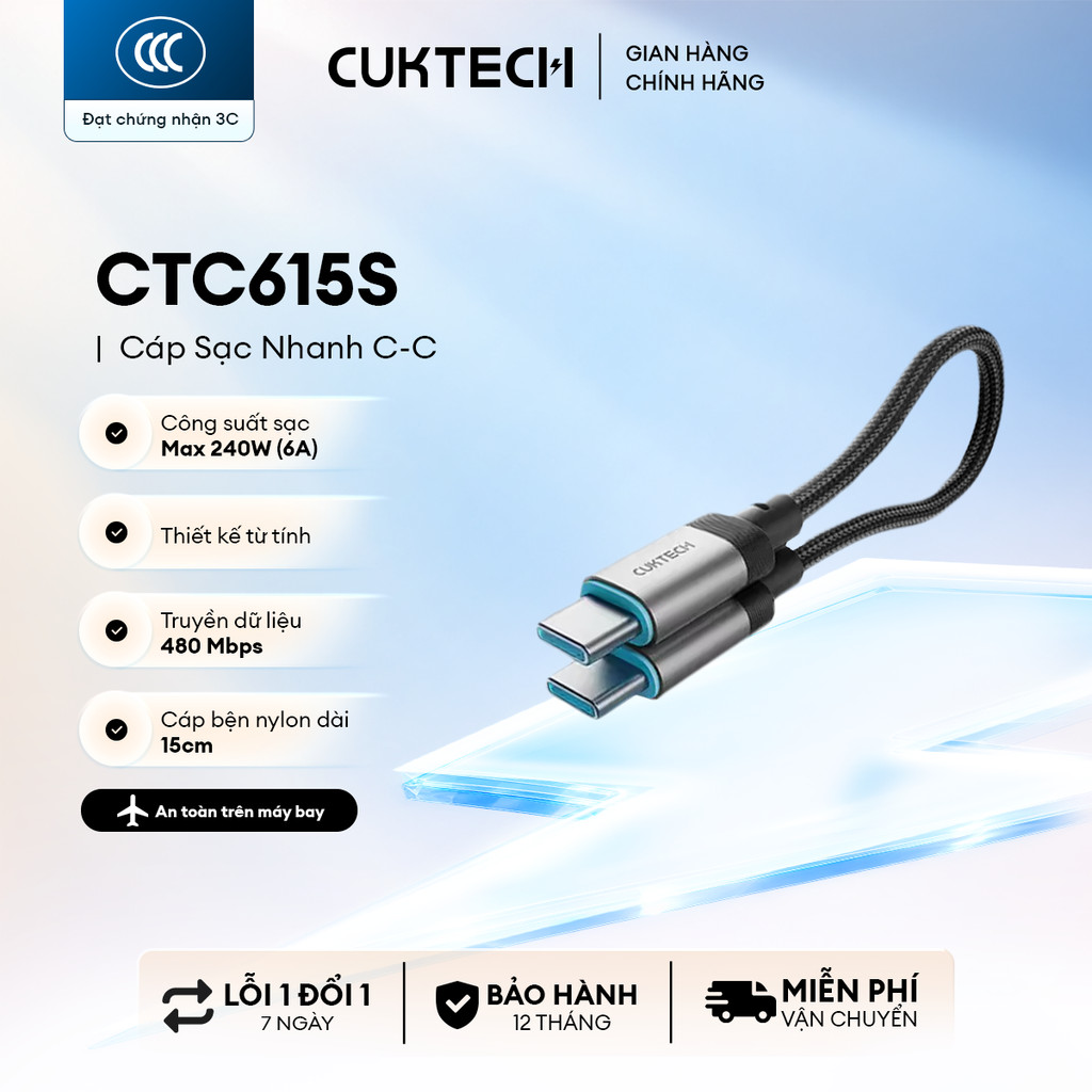 Cáp Sạc Nhanh CUKTECH CTC615S C-C | Công Suất Sạc Max 240W | Truyền Dữ Liệu 480 Mbps | Bảo Hành 18 Tháng