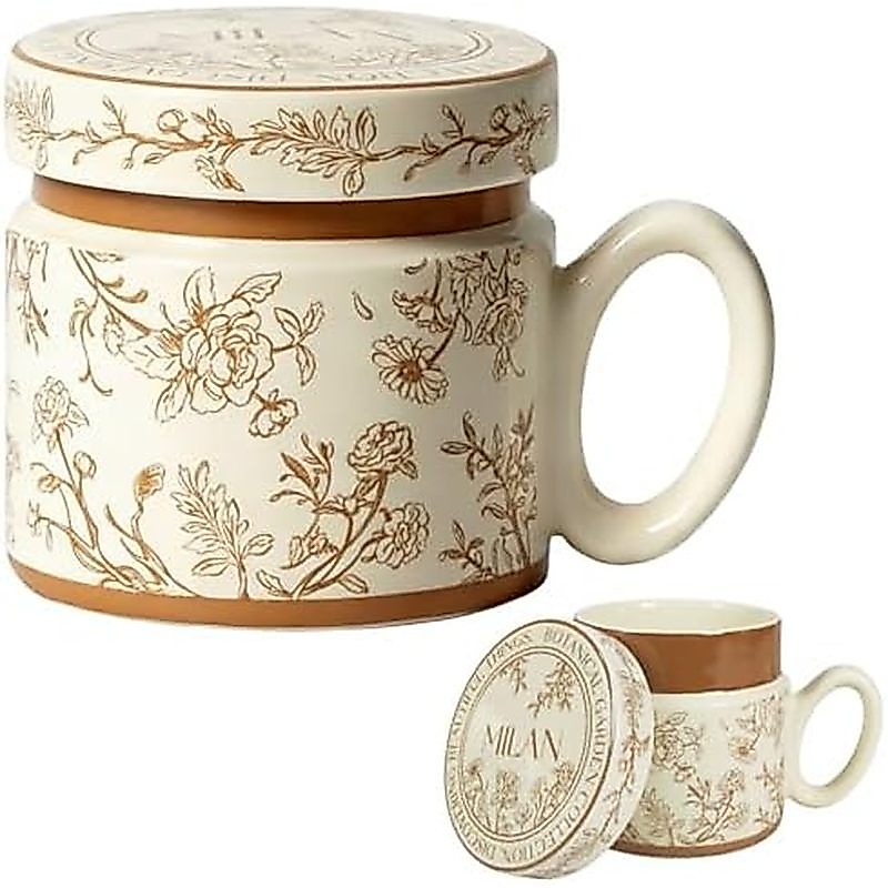 12.9oz Ceramic Coffee Mug with Lid,Flower Patterned Porcelain Mug,Ceramic Tea Cup Coffee Latte Mug f