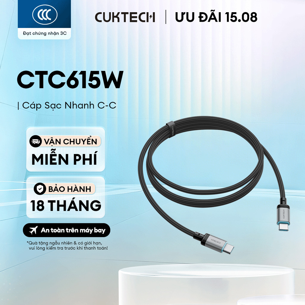Cáp Sạc Nhanh CUKTECH CTC615W C-C 1.5m | Công Suất Sạc Max 240W (6A) | Truyền Dữ Liệu 480 Mbps | Bảo Hành 18 Tháng