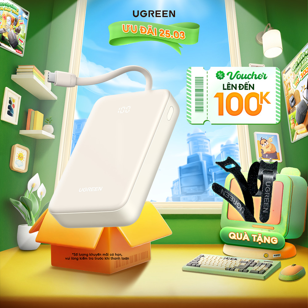Pin sạc dự phòng 20000mAh Ugreen PB505 | Sạc nhanh 20W | Cáp USB-C tích hợp | Bảo hành 18 tháng 1 đổ