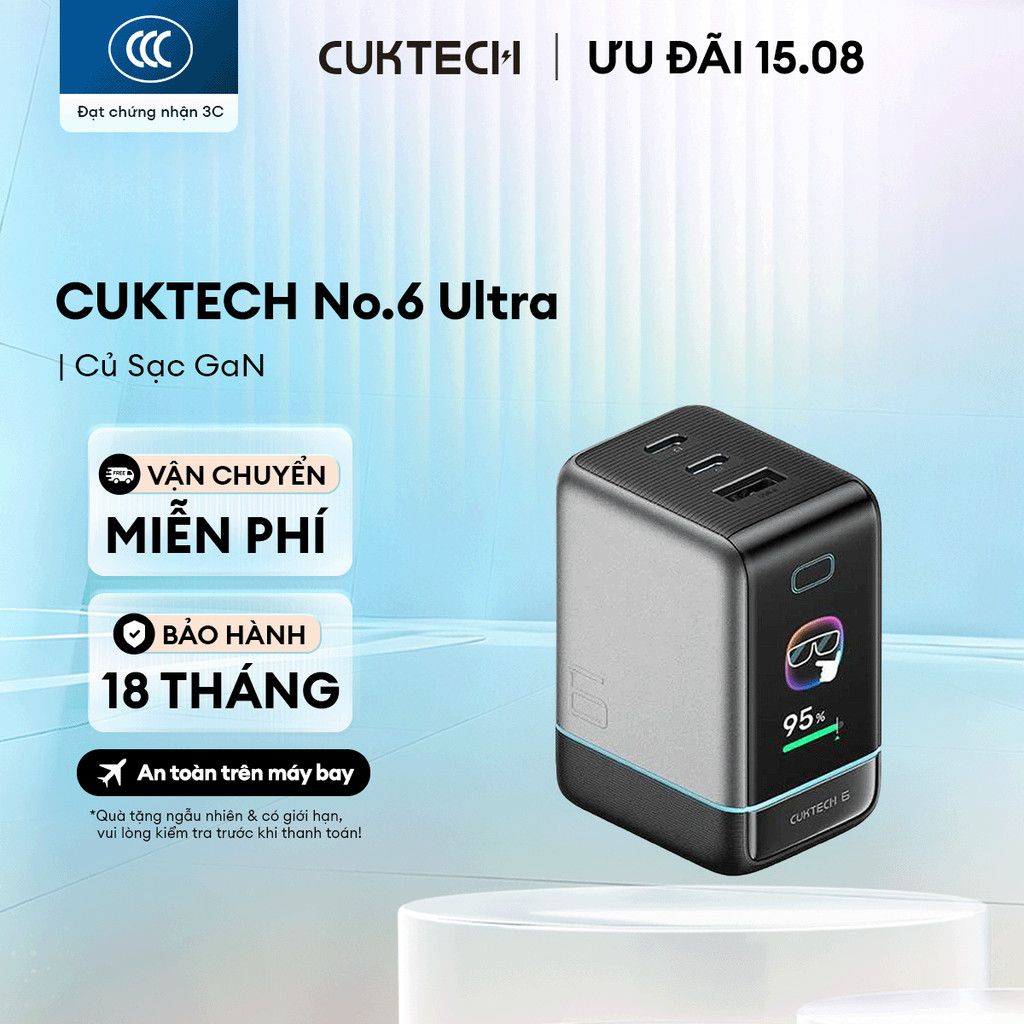 Củ sạc GaN Cuktech 6 Ultra 2C1A | Công suất 100W | Hỗ trợ sạc nhanh | Bảo hành 18 tháng AD653U