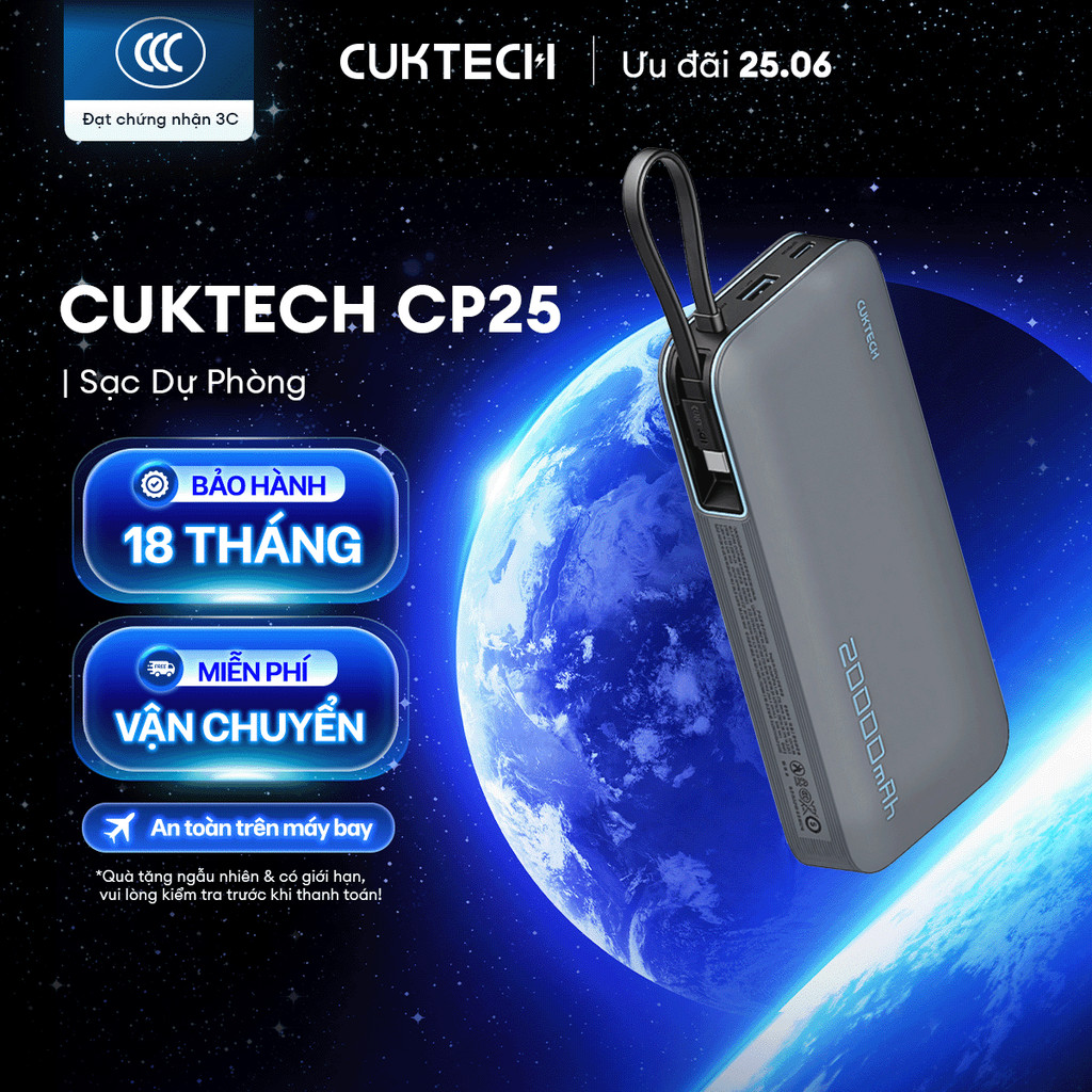 CUKTECH CP25 Sạc Di Động Kèm Cáp | Sạc Nhanh 55W Max | Dung Lượng 20.000mAh | Bảo Hành 18 Tháng PB200N