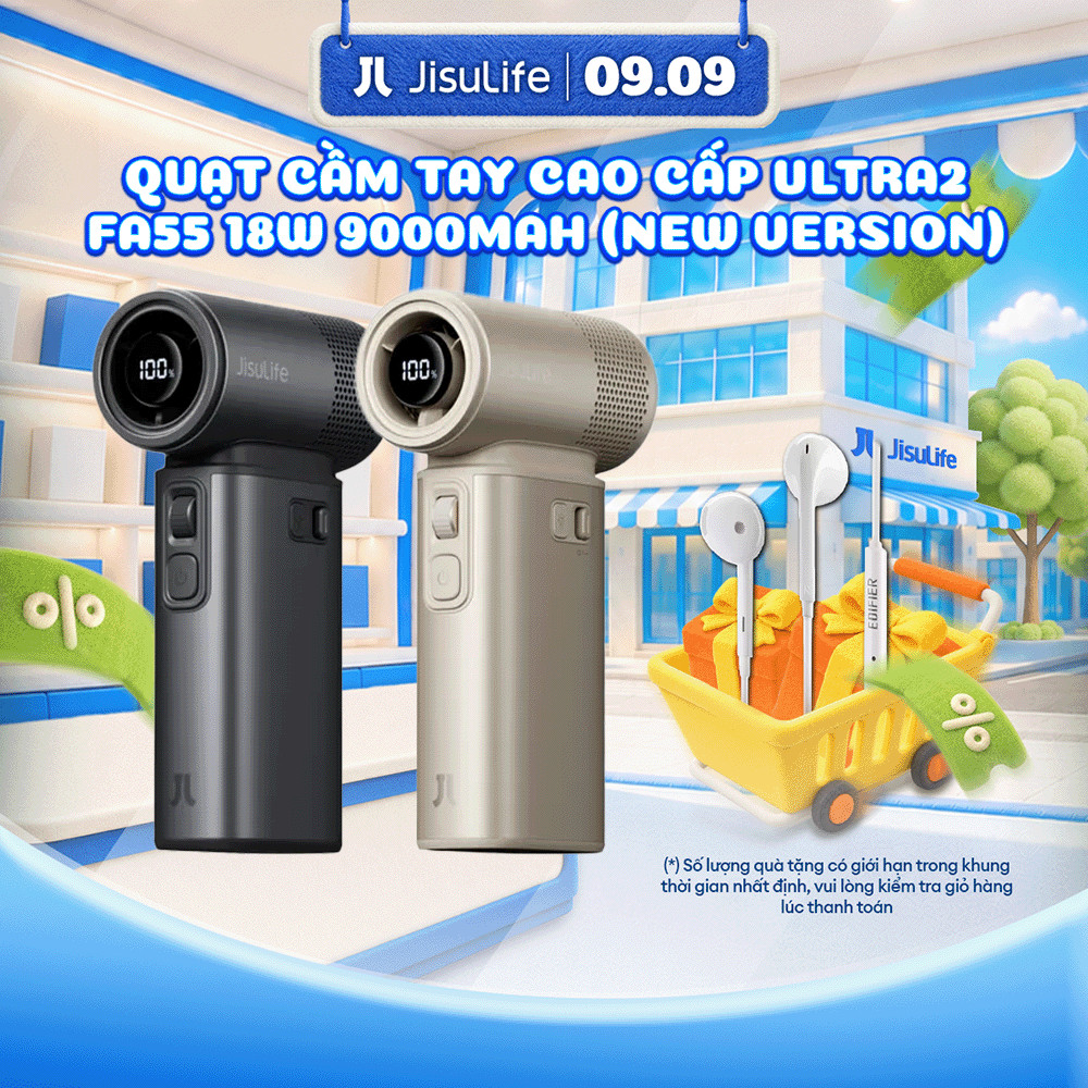 Quạt Cầm Tay JISULIFE Ultra2 9000mAh Cao Cấp – Thế Hệ Mới, Đa Chức Năng – Sử Dụng 1.5H-25H – Bảo Hàn