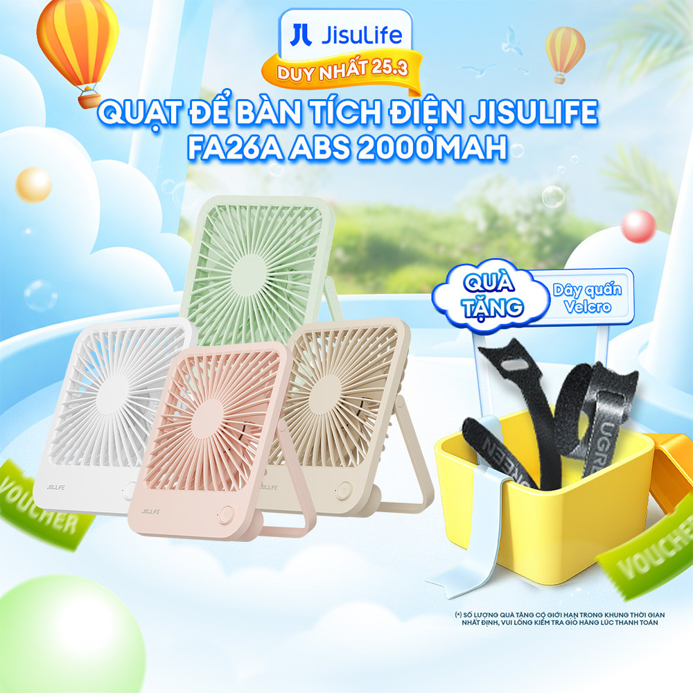 Quạt Để Bàn Tích Điện JISULIFE FA26A ABS Xoay 120 Độ - Pin 2000mAh Sử Dụng Lên Đến 6H Chính Hãng - Bảo Hành 12 Tháng