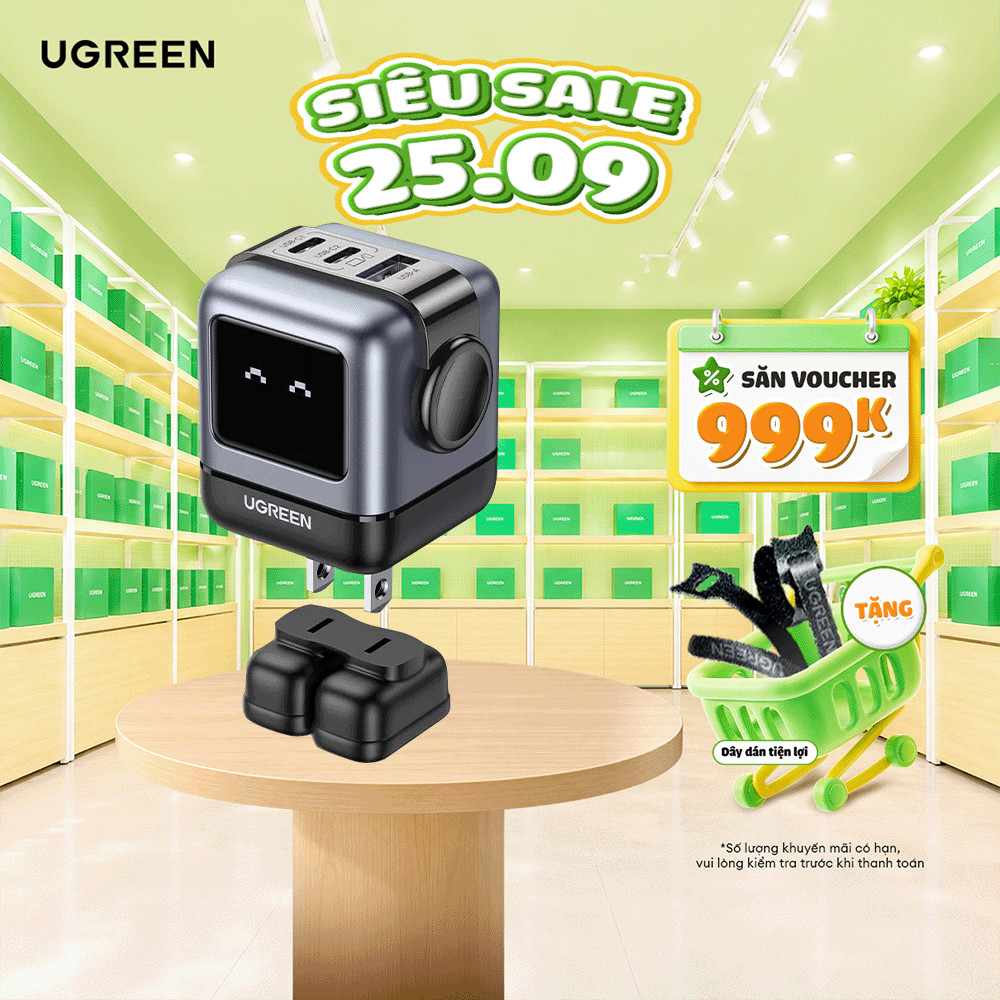 Củ sạc nhanh Robot 65W UGREEN GaN CD361 | Sạc đồng thời 3 thiết bị | Màn hình LCD | Bảo hành 18 thán
