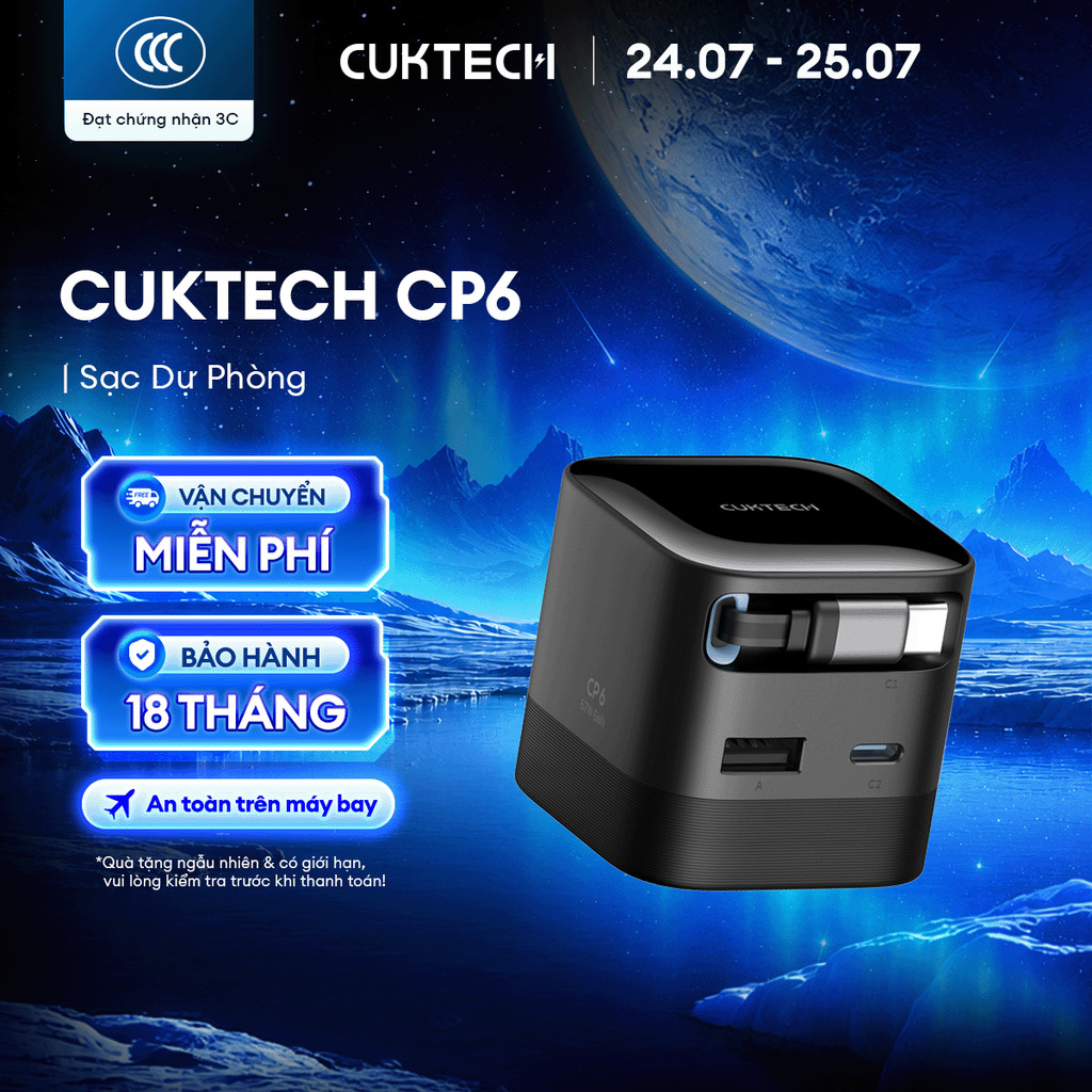 Củ Sạc GaN CUKTECH CP6 Kèm Cáp C Rút Gọn | Công Suất 67W | Cổng Sạc 2C1A | Bảo hành 18 Tháng AD653W
