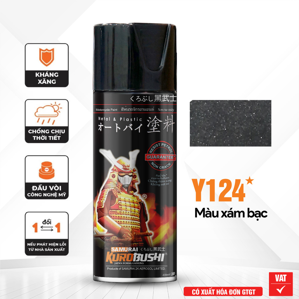COMBO Sơn xịt Samurai màu xám bạc Y124 gồm 3 chai đủ quy trình độ bền cao (Lót – màu Y124 - Bóng )