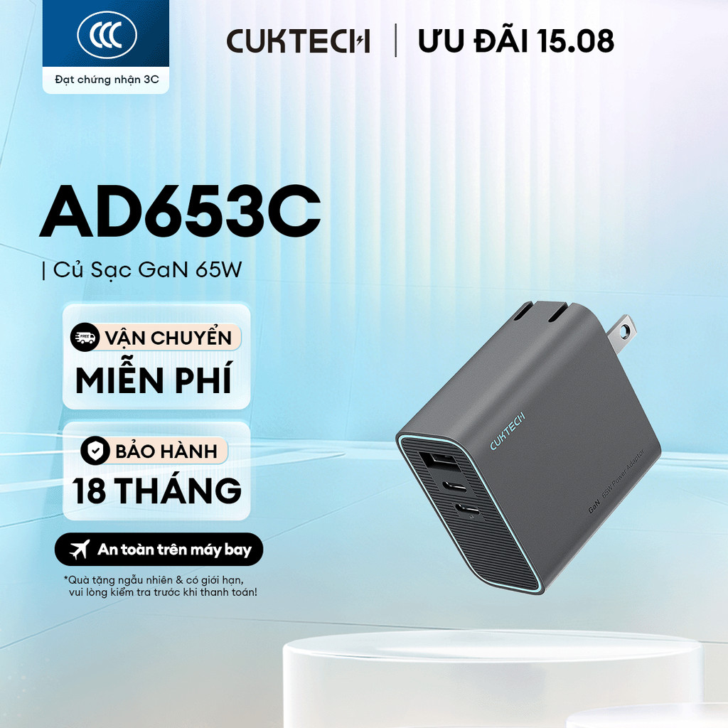 Củ Sạc GaN CUKTECH AD653C 2C1A | Cống Suất 65W Max | Hỗ Trợ Sạc Nhanh | Thiết Kế Nhỏ Gọn | Bảo Hành 18 Tháng