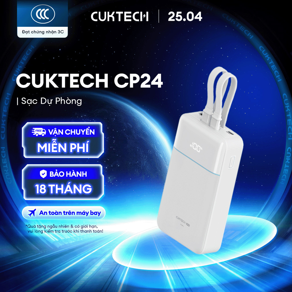 CUKTECH CP24 Sạc Di Động Kèm Cáp | Dung lượng 20.000mAh | Công Suất Max 40W | Bảo Hành 18 Tháng LPB200NL/LPB200N | BigBuy360 - bigbuy360.vn