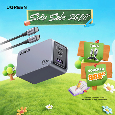 Bộ sạc nhanh UGREEN 100W Nexode GaN Pro X757 | 3 cổng sạc USB C/USB A | Kèm cáp sạc nhanh Type-C 100W 1.5m | BH 18 tháng