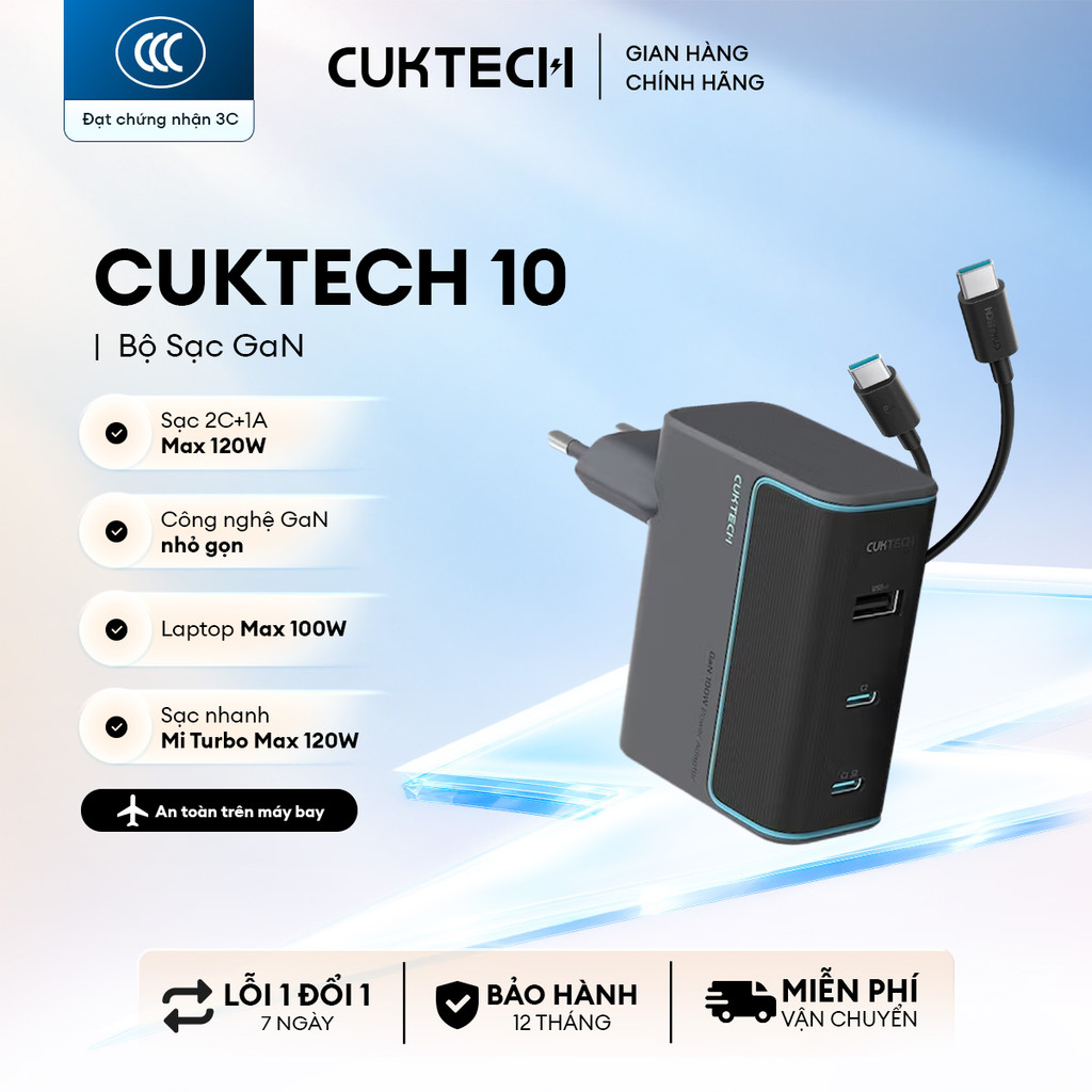 Củ Sạc GaN CUKTECH 10 2C1A | Công Suất 100W Max | Hỗ Trợ Sạc Nhanh | 3 Cổng | Bảo Hành 18 Tháng AD1003