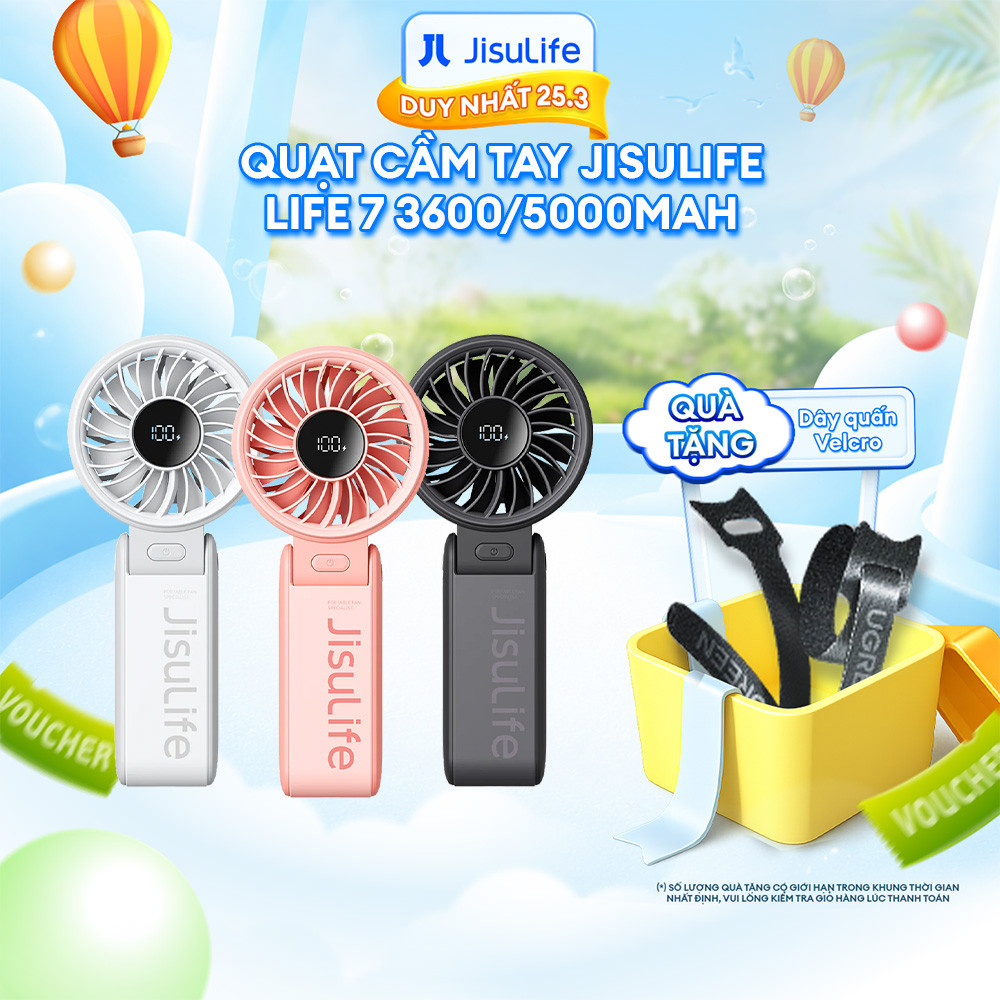 Quạt Cầm Tay Mini JISULIFE Life 7 5 Cấp Gió Màn Hình LED Gập 150 Độ 3600/5000mAh, Bảo Hành 12 Tháng