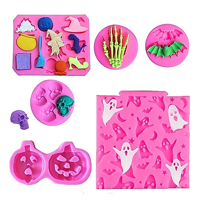OXXGGKAO 6 Chiếc Bánh Halloween Fondant Khuôn Silicon Socola Kẹo Khuôn Ngày Lễ Trang Trí Đất Sét Nhự