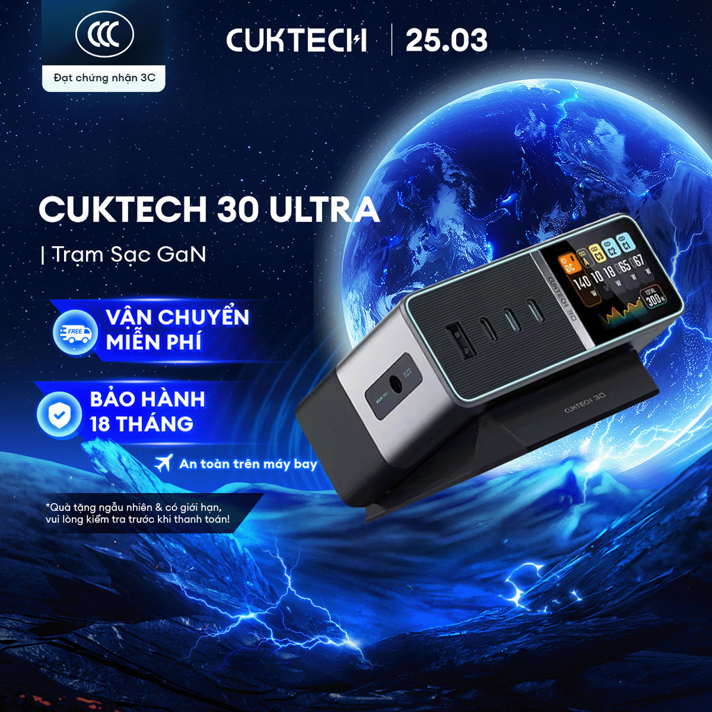 Trạm Sạc GaN CUKTECH 30 ULTRA 3C1A1DC | Công Suất Max 300W | Màn Hình 1.83 Inch | Bảo Hành 18 Tháng 