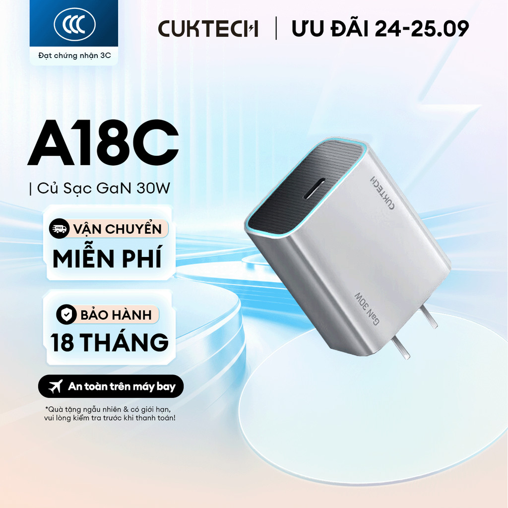 Củ Sạc GaN CUKTECH A18C 1C | Cống Suất 30W | Hỗ Trợ Sạc Nhanh | Thiết Kế Nhỏ Gọn | Bảo Hành 18 Tháng