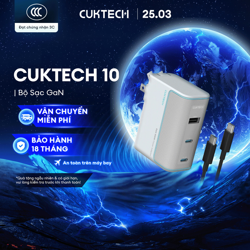 Củ Sạc GaN CUKTECH 10 2C1A | Công Suất 100W Max | Hỗ Trợ Sạc Nhanh | 3 Cổng | Bảo Hành 18 Tháng AD10