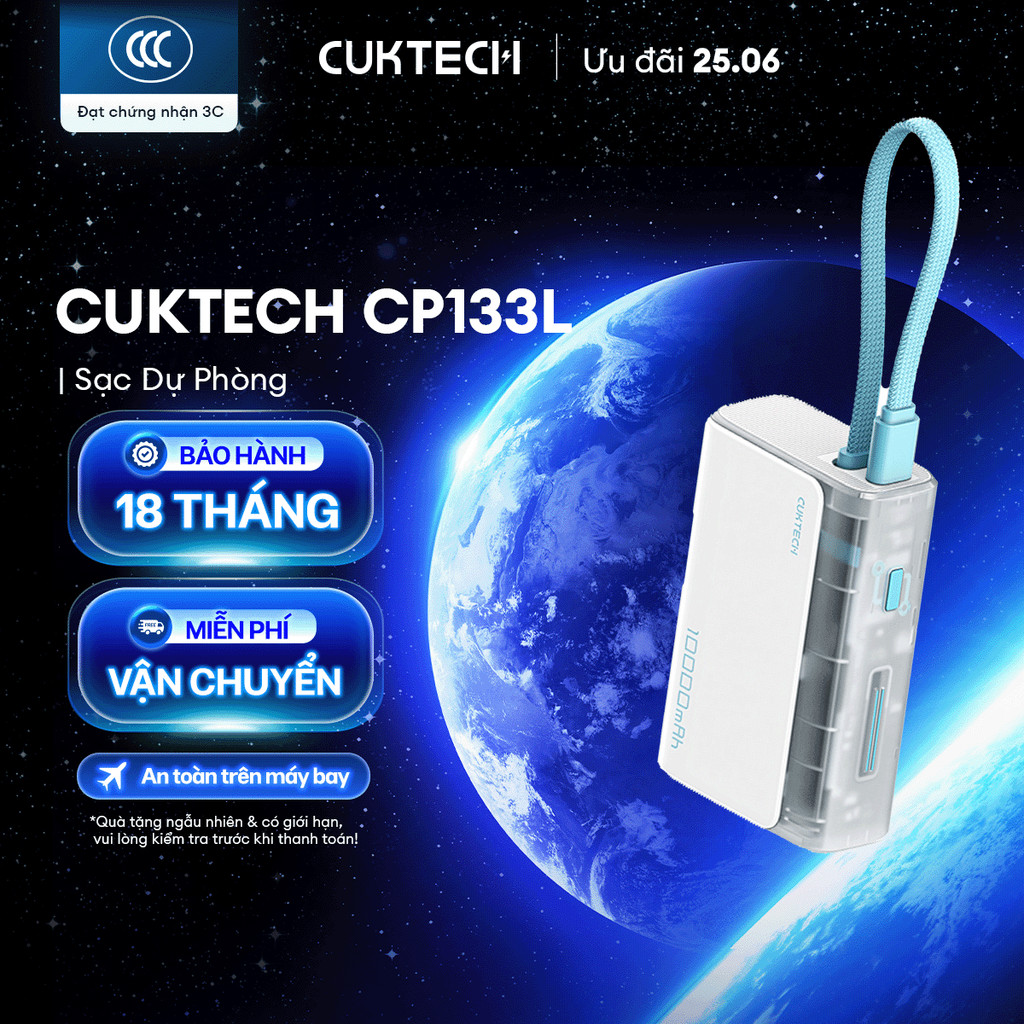 CUKTECH CP133L Sạc Di Động Kèm Cáp | Sạc Nhanh 33W Max | Dung Lượng 10.000mAh | Bảo Hành 18 Tháng LPB100