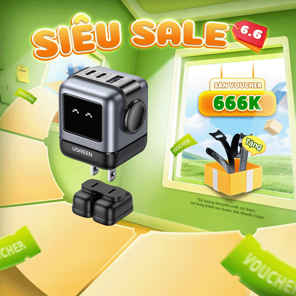 Củ sạc nhanh Robot 65W UGREEN GaN CD361 | Sạc đồng thời 3 thiết bị | Màn hình LCD | Bảo hành 18 thán