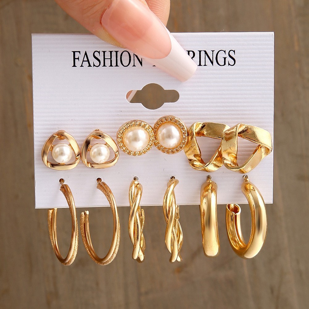 Metal Square Geometric Retro Imitation Pearl Earring Set