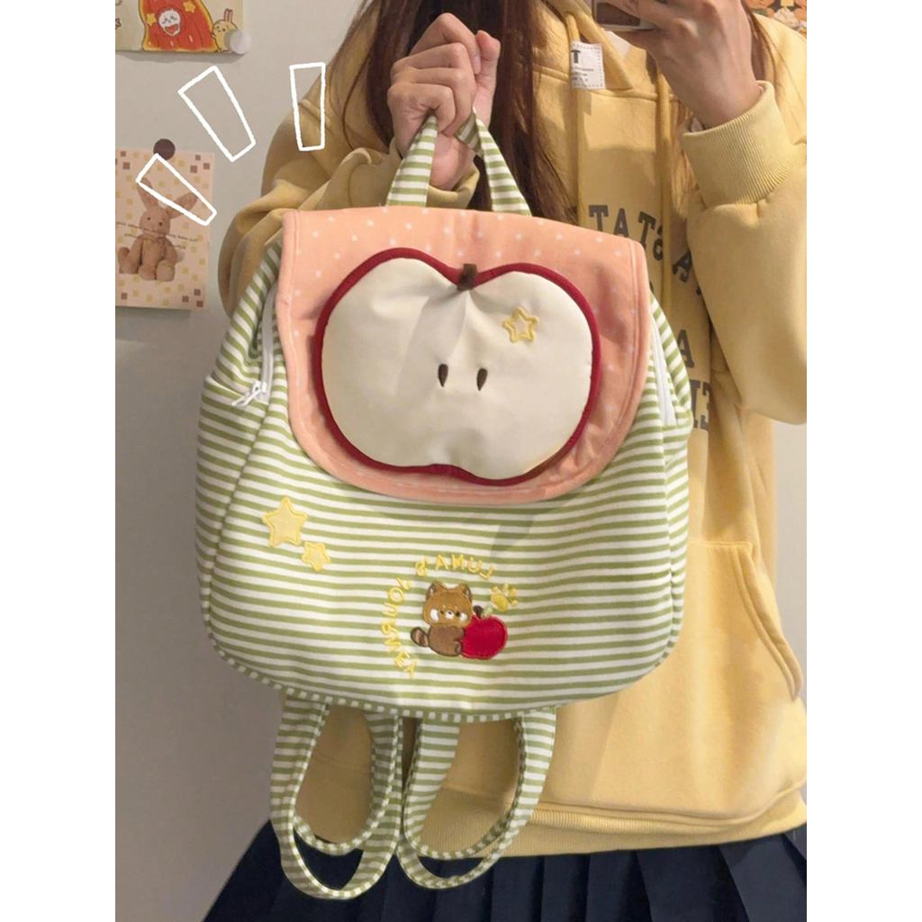 Balo Táo Xanh Kawaii Sọc Caro – Green Striped Apple Kawaii Backpack