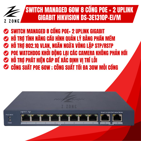 Switch Managed 60W 8 cổng PoE + 2 uplink Gigabit Hikvision DS-3E1310P-EI/M