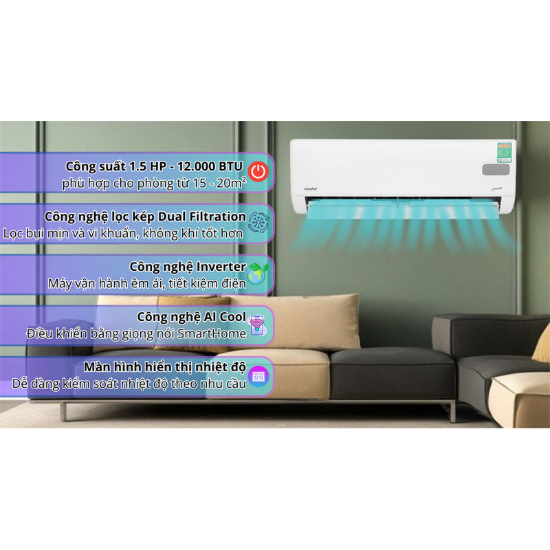 Máy lạnh Comfee Inverter 1.5 HP CFS-13VGPF 2025 - Thái Lan dienmaysieure Xả Kho