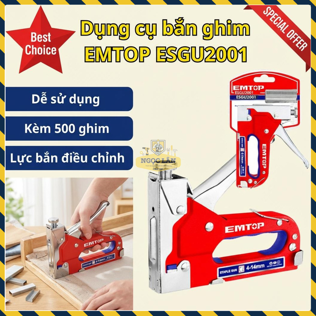 Súng Bắn Ghim Sắt EMTOP Lực Điều Chỉnh, Kèm 500 Ghim