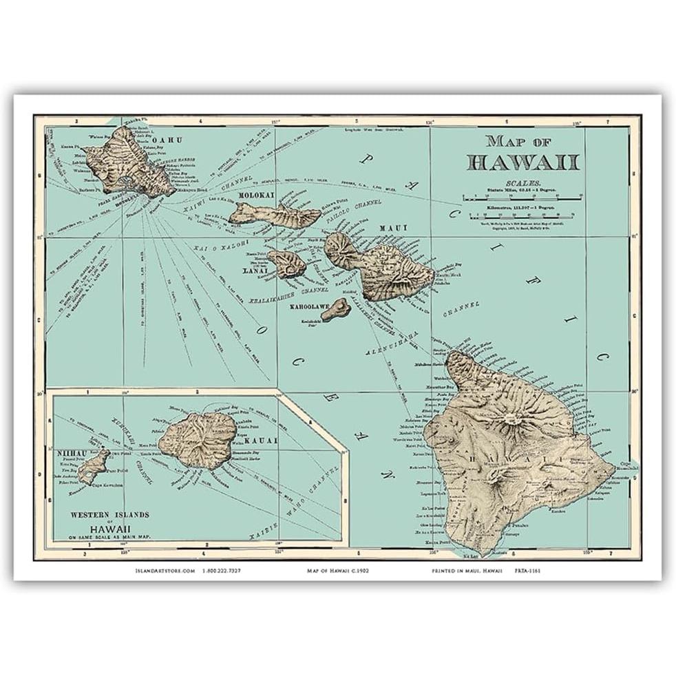 Bản đồ cổ điển của Hawaii từ Rand McNally Atlas c.1898 Master Art Print (Unframed) 9in x 12in