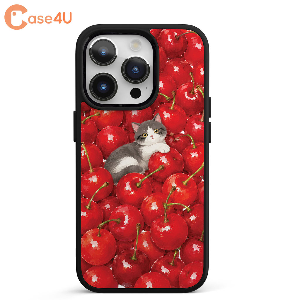 Ốp Lưng Cho iPhone Samsung, Ốp Cứng Viền Dẻo Họa Tiết Mèo Giữa Quả Cherry Đỏ, Cherry Cat