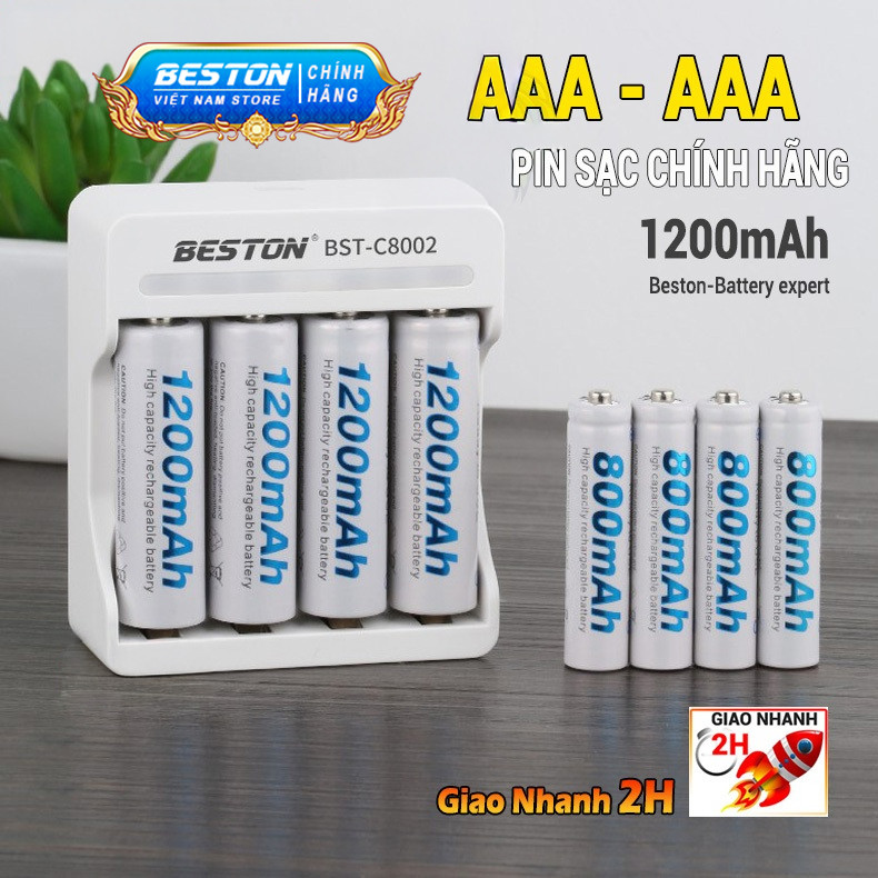 Bộ Pin Sạc Beston AA AAA C8002 cho micro, loa, đồ chơi, đèn flash