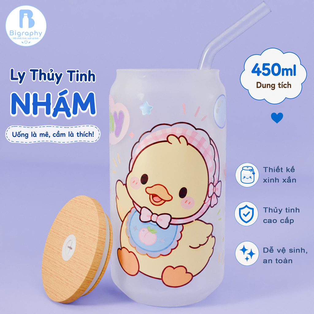 Ly Thủy Tinh Nhám Vịt Con Kawaii Đội Khăn Caro Đeo Yếm Hồng Phong Cách Pastel Ly Uống Nước