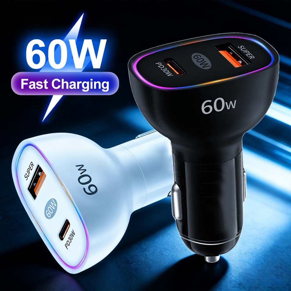 【 YOSHOP HOT 】 Bộ sạc ô tô 60W 3A Dual PD30W + PD30W forQC3.0 Sạc siêu nhanh