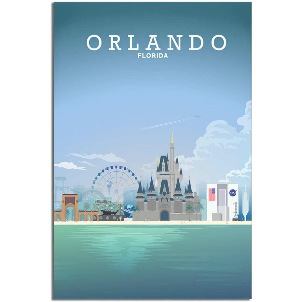 Orlando Florida Vintage Skyline City Du Lịch Áp Phích Canvas Nghệ Thuật Tranh Trang Trí Tường Phòng 