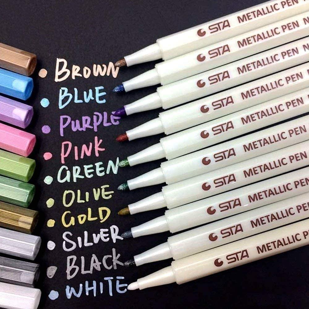 AKARUED Metallic Marker Pen, Set of 10 Colors, Water-based, Color Pen, Sign Pen, DIY, Surprise Box, 