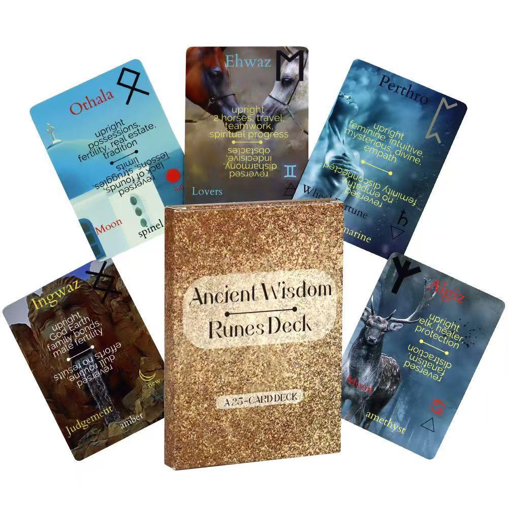 Bộ bài Runes Wisdom cổ xưa 25 chiếc Thẻ Runes có ý nghĩa thẳng thắn và đảo ngược 10.4 * 7.3cm