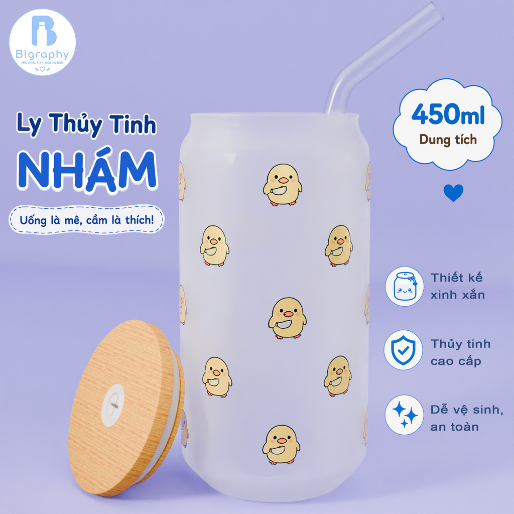 Ly Thủy Tinh Nhám Họa Tiết Vịt Con Kawaii Dễ Thương Ly Uống Nước Quà Tặng Sinh Nhật Xinh Xắn