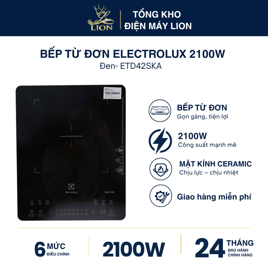 Bếp từ đơn Electrolux ETD42SKA 2100W mặt kính Eurokera 6 chế độ nấu tự động hàng chính hãng