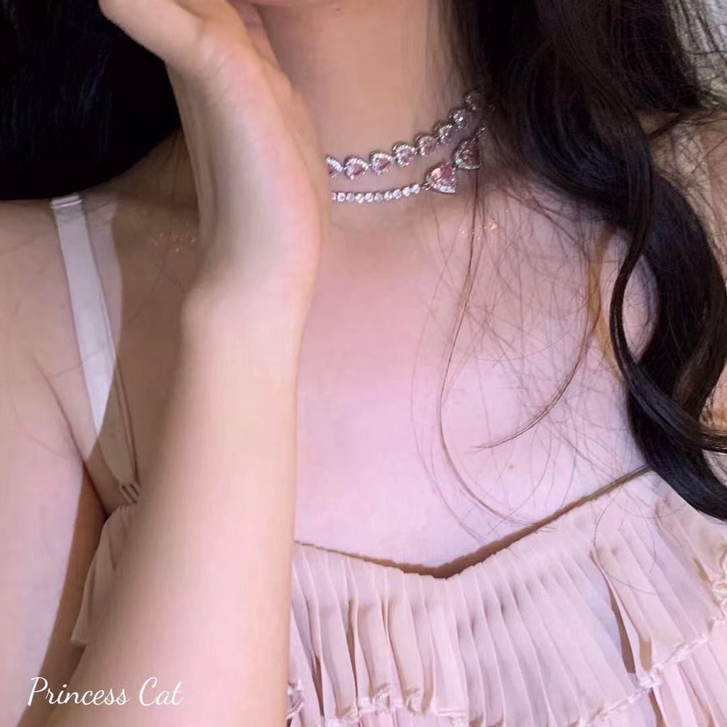 Dây Chuyền Ngắn Mặt Trái Tim Bong Bóng Đào Trắng Đính Đá Zircon Màu Hồng Lấp Lánh Phiên Bản Hot Girl Love