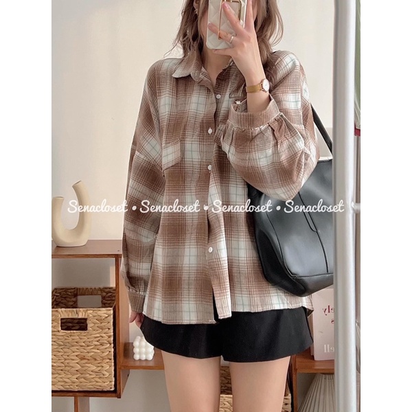 Áo sơmi sọc caro 2 màu form rộng oversize tay bo (Ảnh thật/Video)