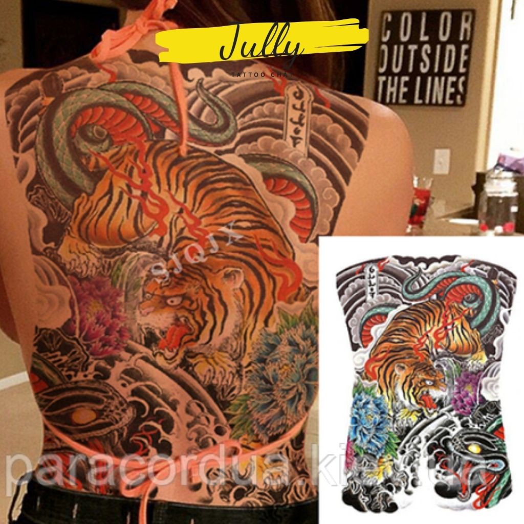 Hình xăm kín lưng hổ, chúa sơn lâm JULLY Tattoo chất, xăm tạm thời chống nước full lưng cho nam