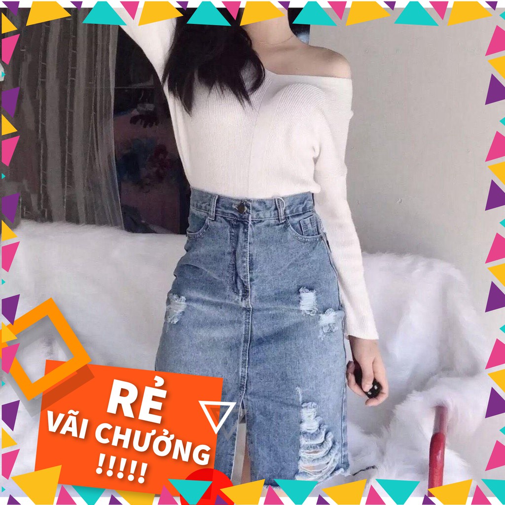 Sale 12C34B1 Chân váy jean lửng rách xẻ tà giữa 3 size SML Sale