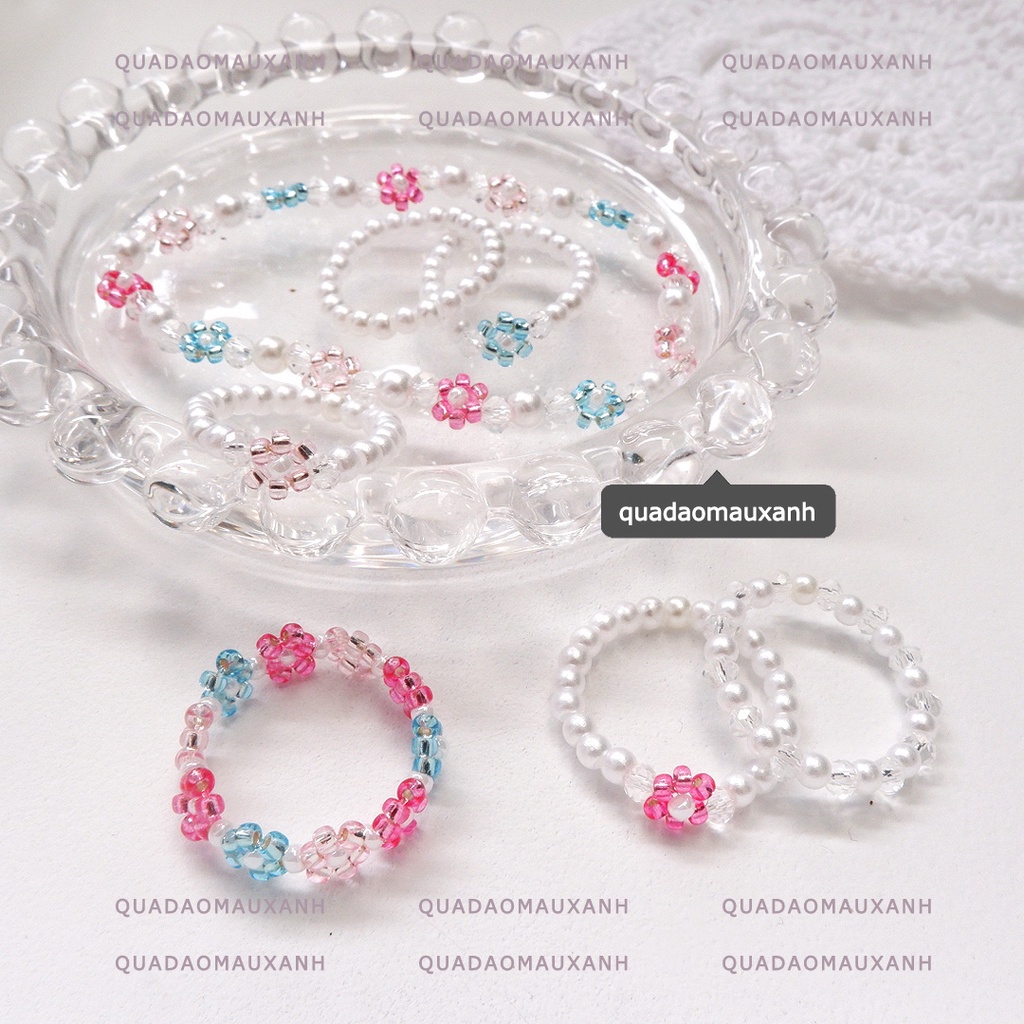 Nhẫn hoa nhí kiểu Hàn, set trang sức hạt cườm hoa cúc Aqua Pink #Quadaomauxanh