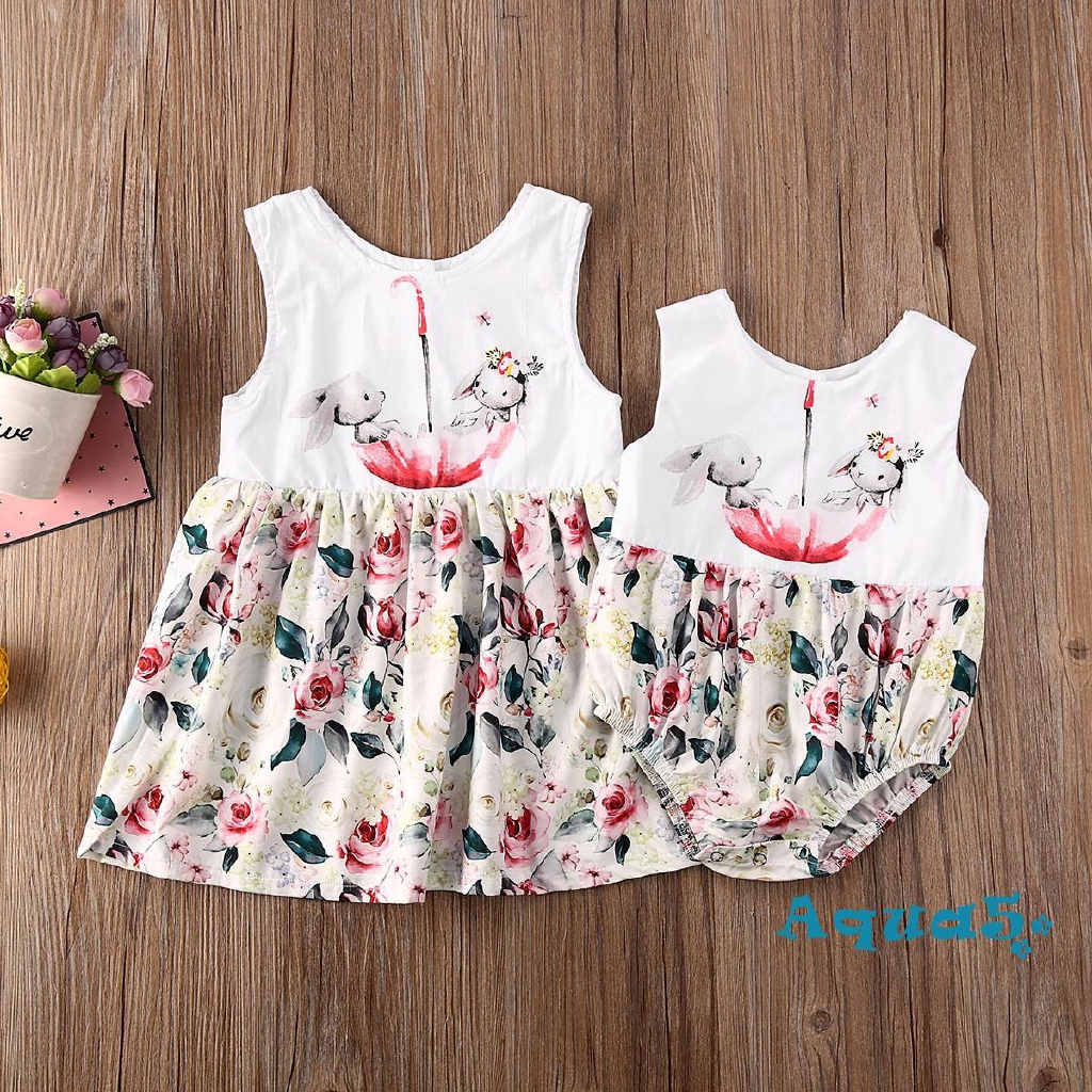 ✿ℛFashion Children´s Clothing Rabbit Print Sleeveless Round Neck Dress