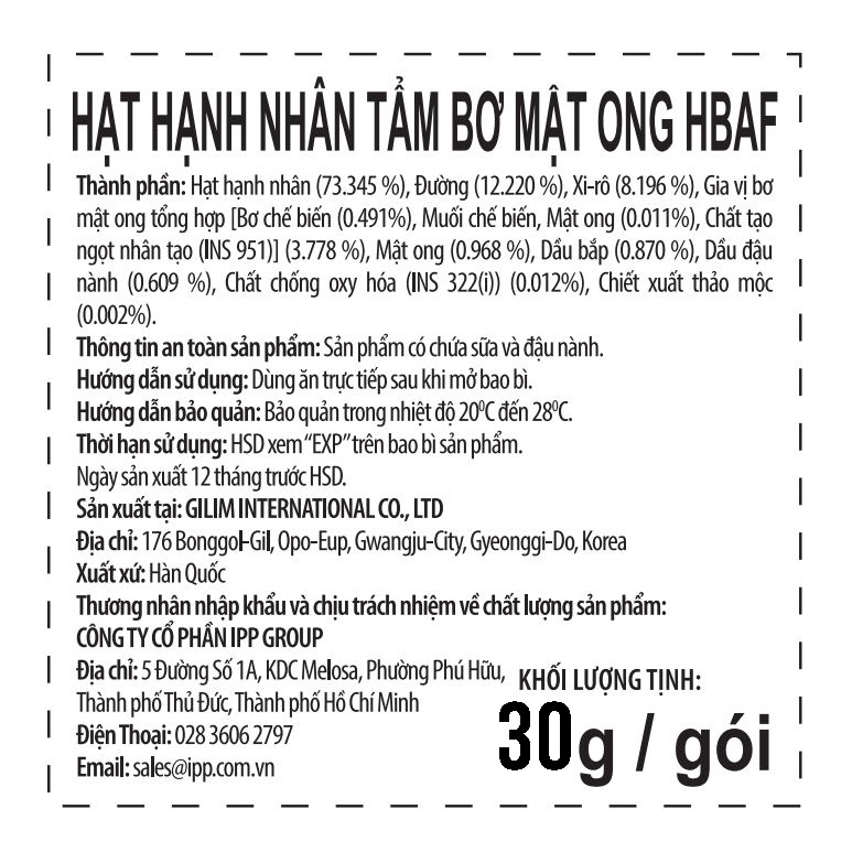 Hạnh Nhân Vị Bơ Mật Ong Hàn Quốc HBAF - Gói 30g