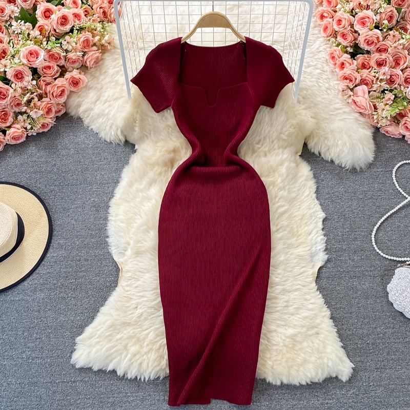 #1613  Đầm tay ngắn cổ vuông dáng ôm màu trơn 9 màu xẻ tà dáng ôm siêu xinh