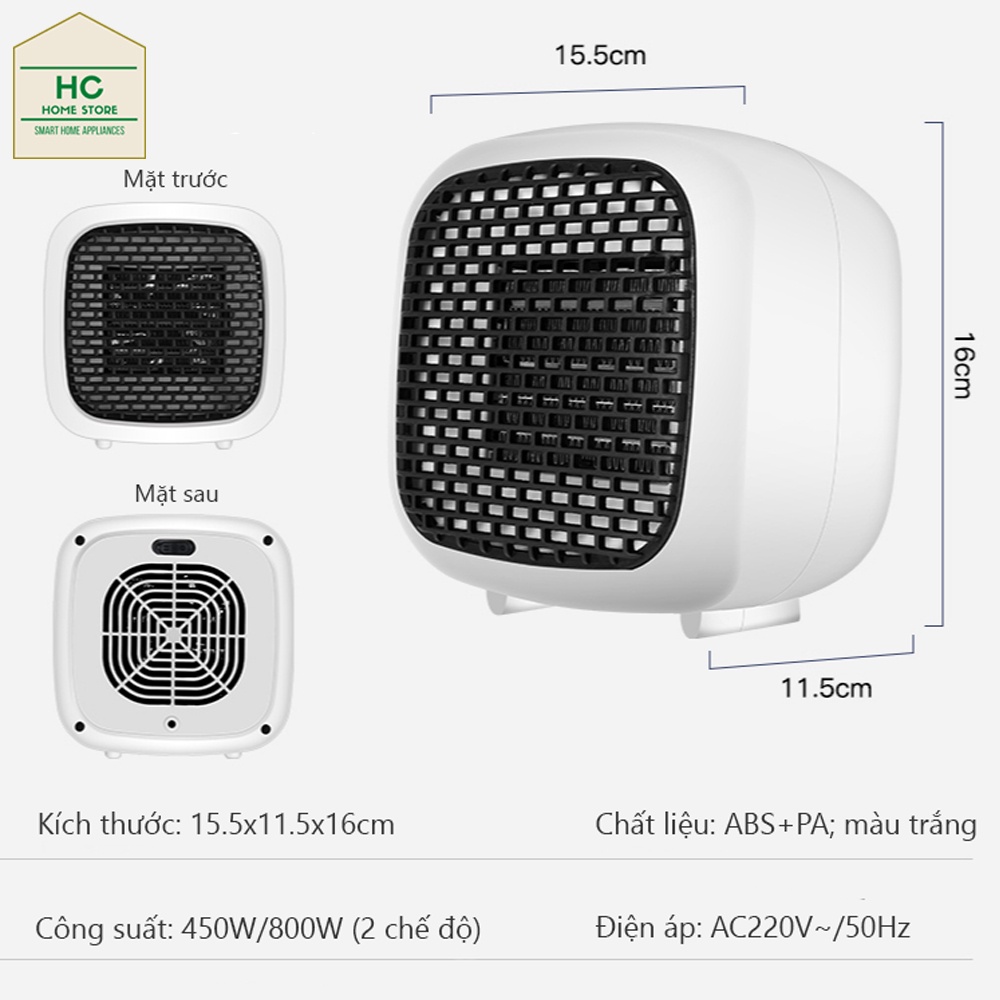 Máy sưởi gốm mini công nghệ PTC Ceramic 800W nóng nhanh, tiết kiệm điện, không phát sáng, không gây bỏng, không dùng oxy